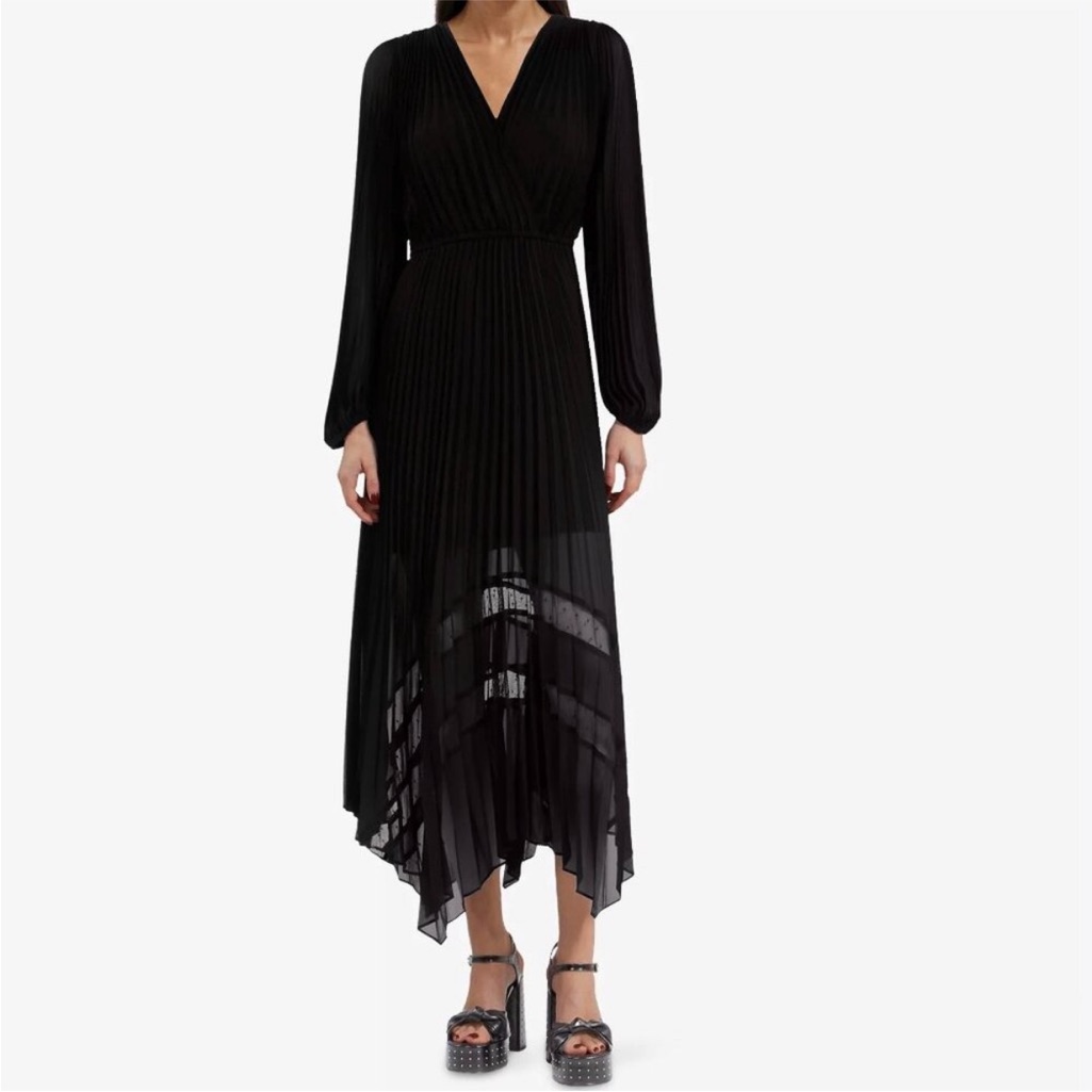 The Kooples Black Pleated V-Neck Long Sleeve Midi Dress